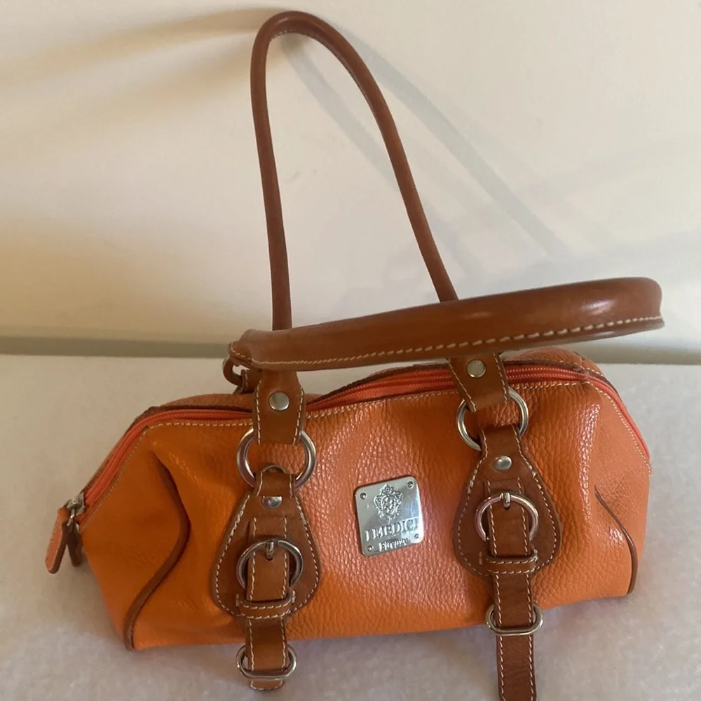 Orange Mini Leather Satchel Bag with Brown Trim - Picture 2 of 9